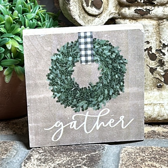 Other - Farmhouse Buffalo Check Wreath Gather Wood Sign